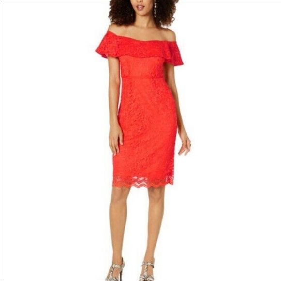 Thalia Sodi Dresses & Skirts - THALIA SODI Off The Shoulder Lace Cocktail Dress Midi Coral Red X-Large XL New